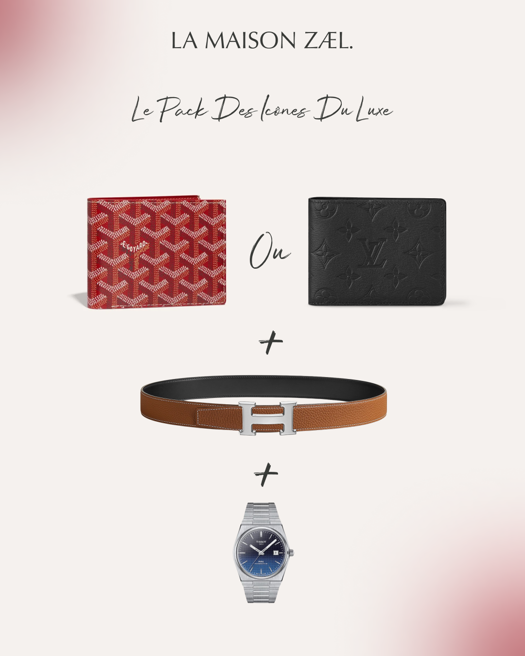 Pack Luxe Complet – Portefeuille Goyard ou Louis Vuitton + Montre Tissot + Ceinture Hermès